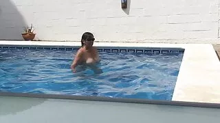 Watch my wife skinny-dipping before we fucked in the pool!