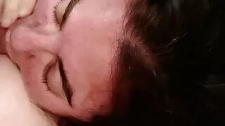 ugly slut mouthfucked in her bed with slow mo cum in mouth