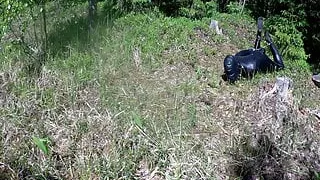 Outdoor hogtie on a hot Summer day.