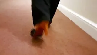 Mature wife walking in wooden mules tickling