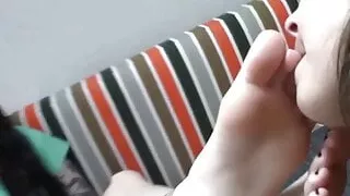 Dark Haired Young Beauty Ignores Getting Her Feet Licked and Sucked