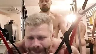 Hairy muscle daddy got train on sex sling