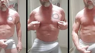 LADave plays with hard bulge in grey shorts and squirts cum