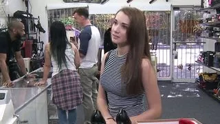 Brunette sexy petite babe goes to the pawnshop for some sex