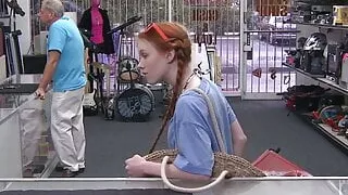 Petite redhead does blowjob to huge cock and gets cumshot