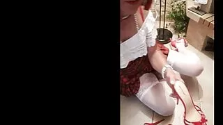 Candice jerks off on her mules