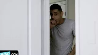 Horny stepbrothers checking out their teen stepsisters in bikini