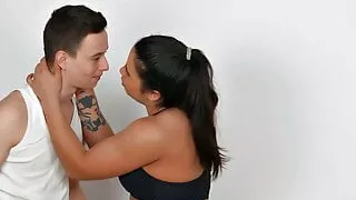 Hot strong brunette lifts a guy and kicks his ass off