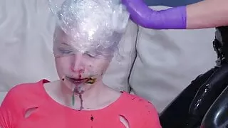 Latex clad sexy mistress domina ass fucks blonde teen with s