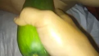 I fuck my wife's hot pussy with a huge cucumber.