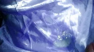 Cumshot on purple satin nightdress