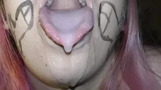 Cumslut wife covered in cum, swallow huge drooling cumshots