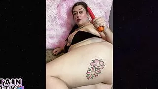 Chubby Big Titty Slut Puts Carrot In Her Butt – Anal Training