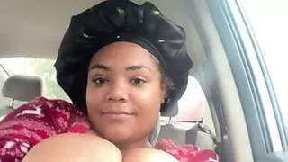 Black bbw topless driving, big tits, solo