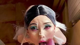 Asian babe takes cum on pretty face