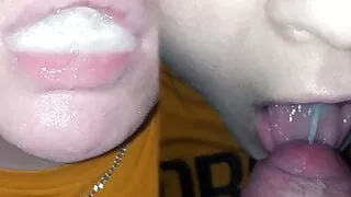 Swallowing a mouthful of cum – close-up blowjob