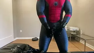 Rubber Spiderman cum in the rubber toesock