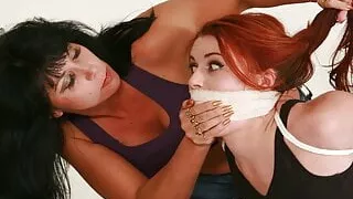 Hogtied slut in underwear gets stuffgagged