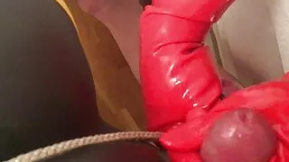Red Rubber Gloves Cock Massage