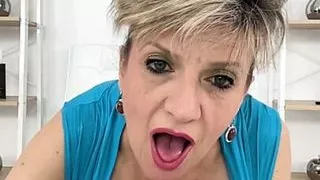 Solo busty Gill Ellis Young aka Lady Sonia gives dildo handjob