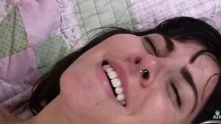 Cute hairy Cleo in blue dress showing her hairy bush