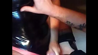 Handjob and cum on my black shiny swimsuit and red pantyhose