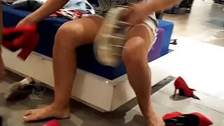 girlfriend  tries heels, sexy legs, cameltoe in shorts