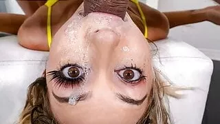 Throated - Petite Blonde Swallows A Huge Cock