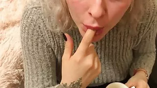 Blonde slut drinks COFFEE with CUM