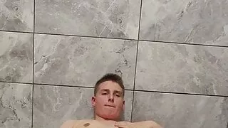 Blonde Teen with Big Hairy Cock cumshot in bathroom