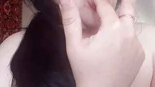 Sexy girl sucking fingers and imagining a huge cock in mouth