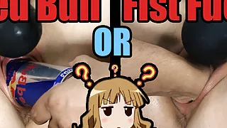 Tiffany has fun with red bull banks and then cums with fist