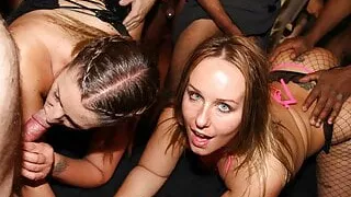 Lusty duo enjoy a gangbang fuck party in a swinger club