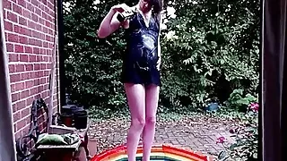 Outdoor sissy slut oiled and lubed WAM dildo fuck and cum
