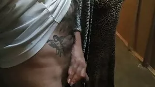 a girl jerks off my cock in the entrance