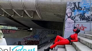 video from photoshoot - red latex catsuit with gas mask