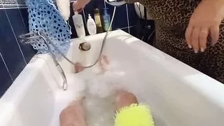 stepmom washes me in the bathroom and jerks off my cock