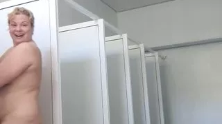 Shower and pissing in public bathroom