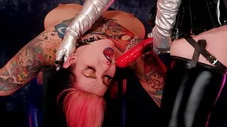 smoking lesbian domination in PVC – Mistress and Strap-on Face Fuck