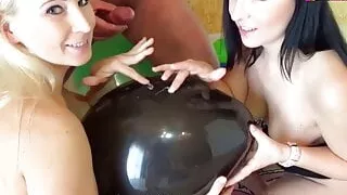Balloon Group Sex foursome with German brunette and blonde