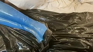 Blue Latex Stockings and High Heel Mules