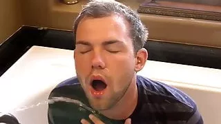 Cute bottom gay Preston Ettinger peed on and fucked in orgy