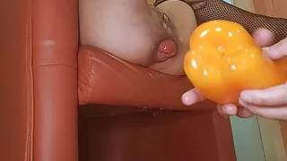 Maria Caldas expanding her giant asshole with a pepper