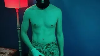 Military twink plays with a big dildo while jerking off