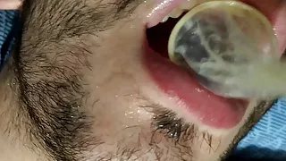 sub drinks cum from condom after being fucked by big cock