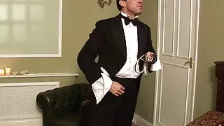 Ripped hunk has a blonde in stockings sucking and fucking