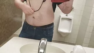 Showing off my bra and clamps in a public bathroom