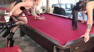 Pool billiard femdom party with 3 slaves!  Trampled, balls deep