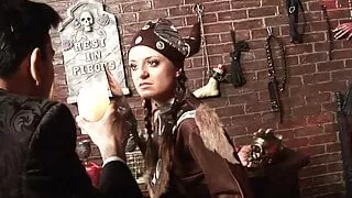 Horny babe keeps her pants on and fucks with pleasure