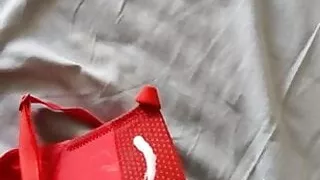 Very quick cum on worn red C cup bra